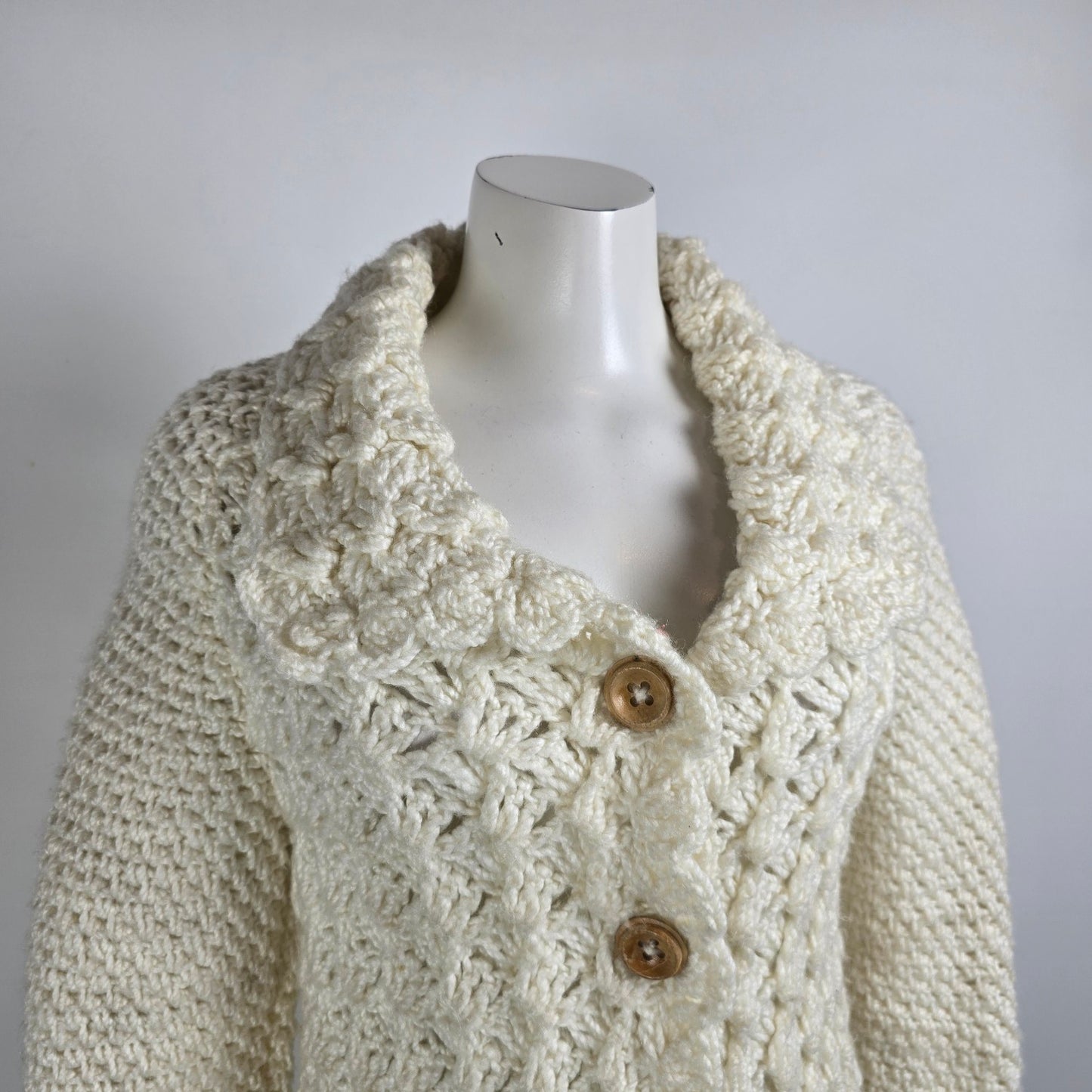 Vintage Hand Knit Wood Buttons Belted Long Cardigan Jacket Size S/M