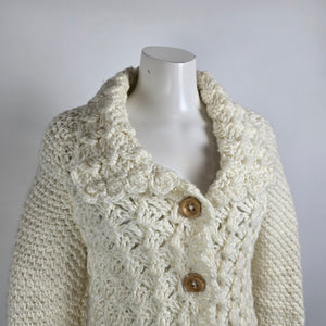 Vintage Hand Knit Wood Buttons Belted Long Cardigan Jacket Size S/M