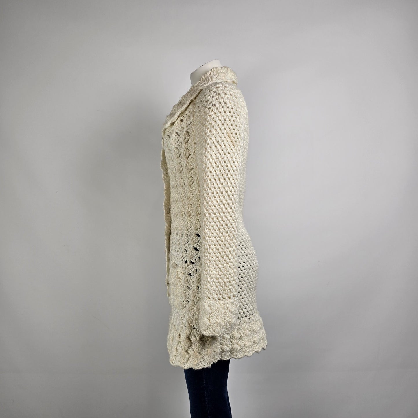 Vintage Hand Knit Wood Buttons Belted Long Cardigan Jacket Size S/M