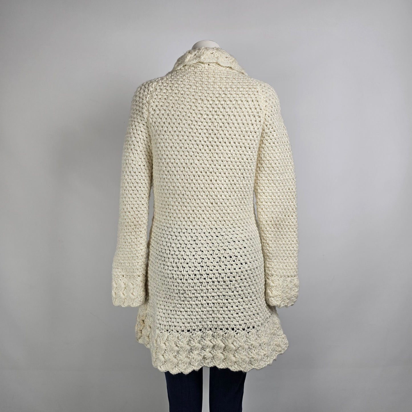 Vintage Hand Knit Wood Buttons Belted Long Cardigan Jacket Size S/M