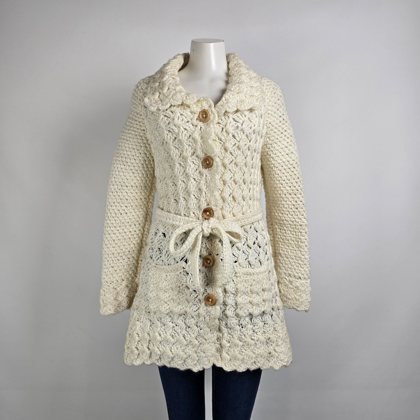 Vintage Hand Knit Wood Buttons Belted Long Cardigan Jacket Size S/M