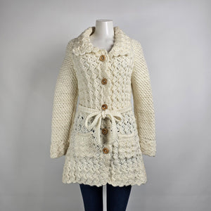 Vintage Hand Knit Wood Buttons Belted Long Cardigan Jacket Size S/M