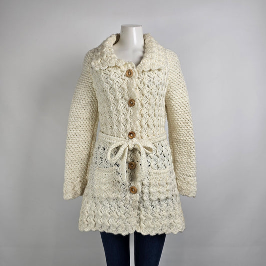 Vintage Hand Knit Wood Buttons Belted Long Cardigan Jacket Size S/M