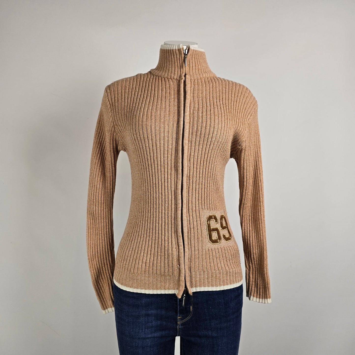 Vintage Youth Brown Knit 69 Number Zip Up Cardigan Size S