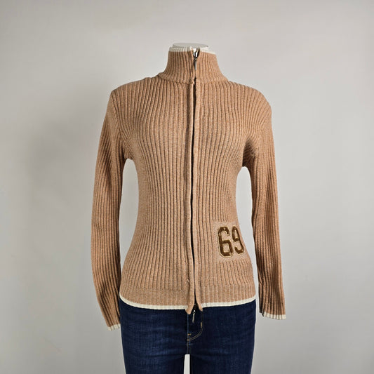 Vintage Youth Brown Knit 69 Number Zip Up Cardigan Size S