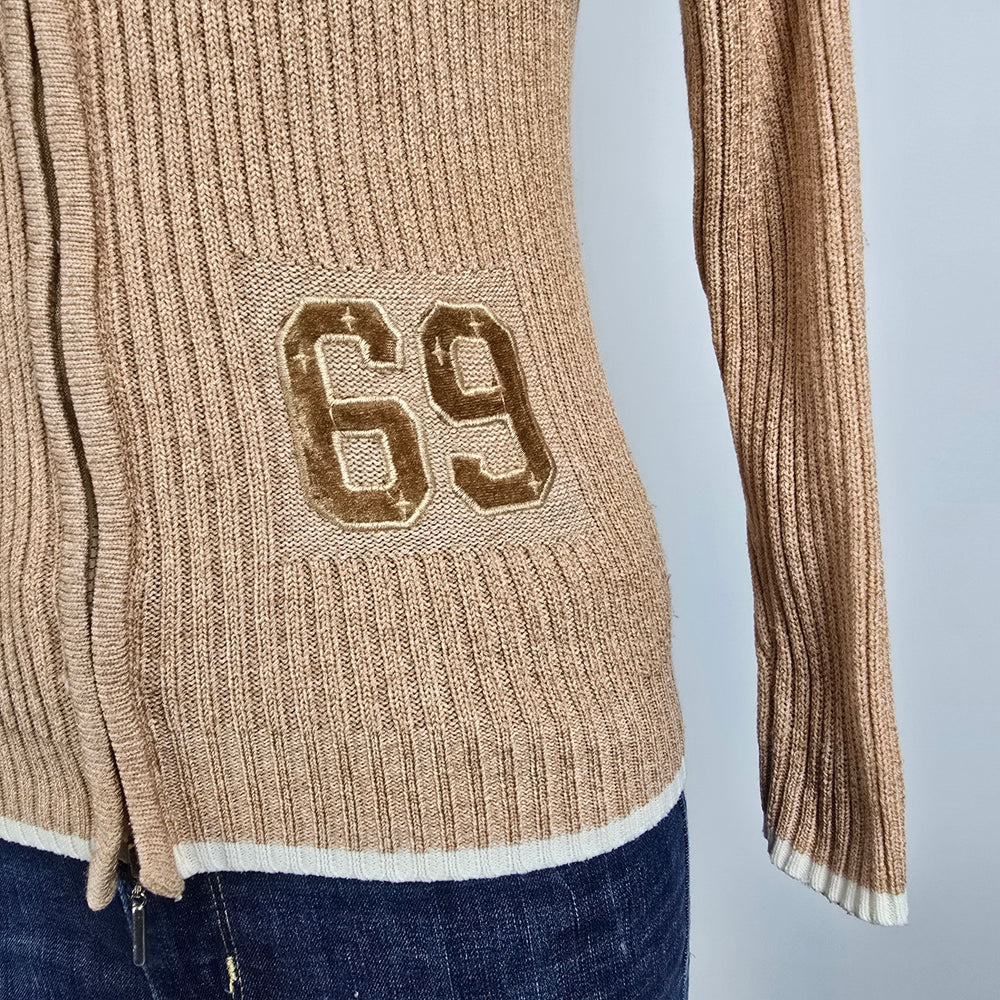 Vintage Youth Brown Knit 69 Number Zip Up Cardigan Size S
