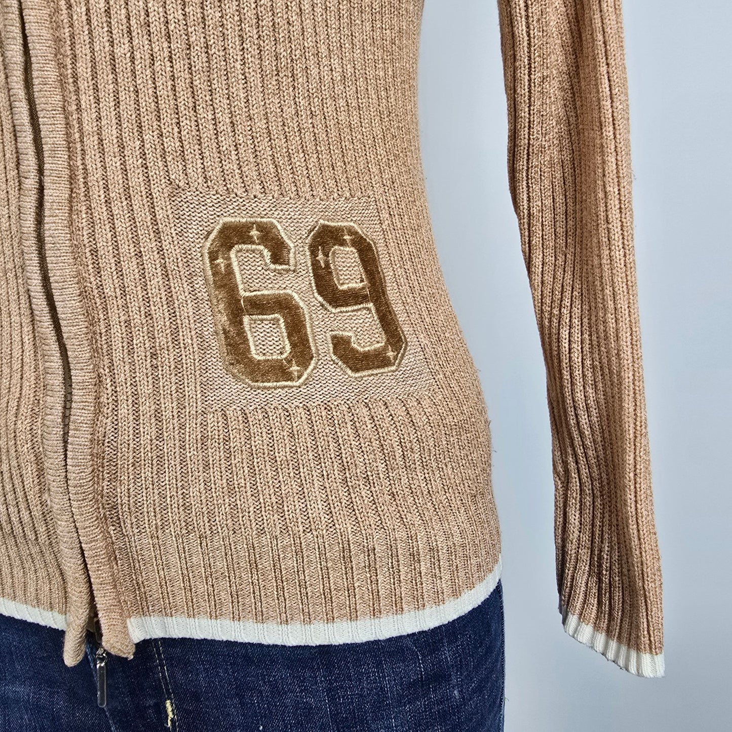 Vintage Youth Brown Knit 69 Number Zip Up Cardigan Size S