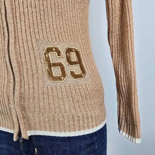 Vintage Youth Brown Knit 69 Number Zip Up Cardigan Size S