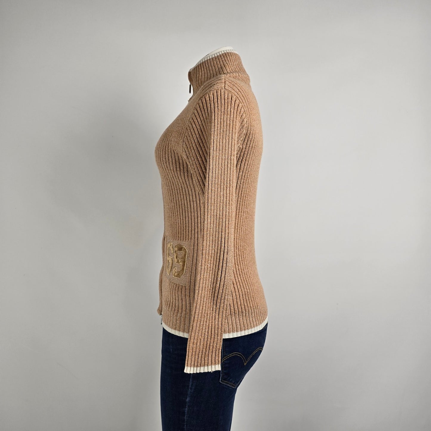 Vintage Youth Brown Knit 69 Number Zip Up Cardigan Size S
