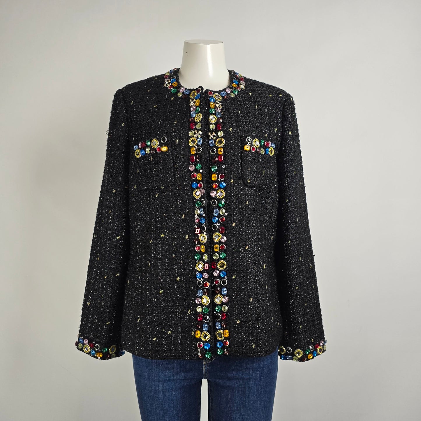 Vintage Berek Black Tweed Jewel Embellished Blazer Jacket Size XL