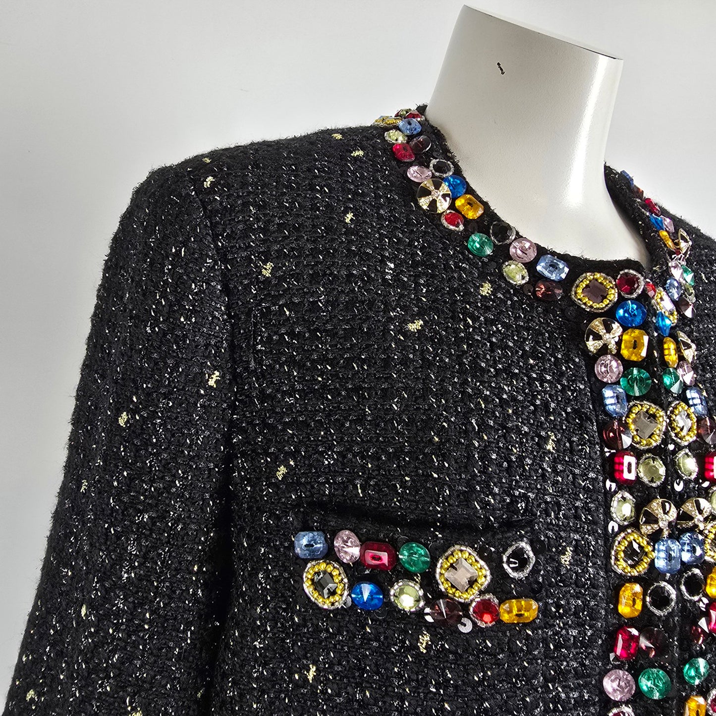 Vintage Berek Black Tweed Jewel Embellished Blazer Jacket Size XL