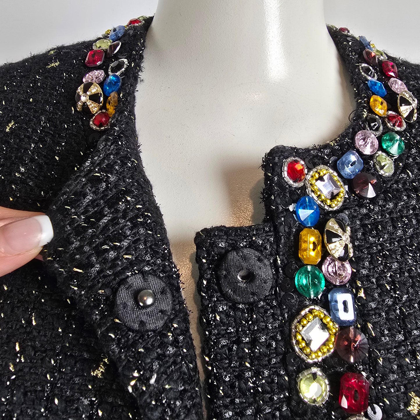 Vintage Berek Black Tweed Jewel Embellished Blazer Jacket Size XL