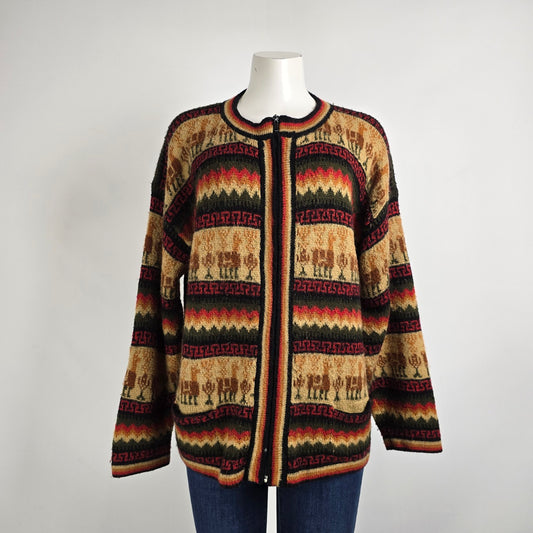 Vintage Alpaca Peru Colorful Knit Zip Front Cardigan Size XL
