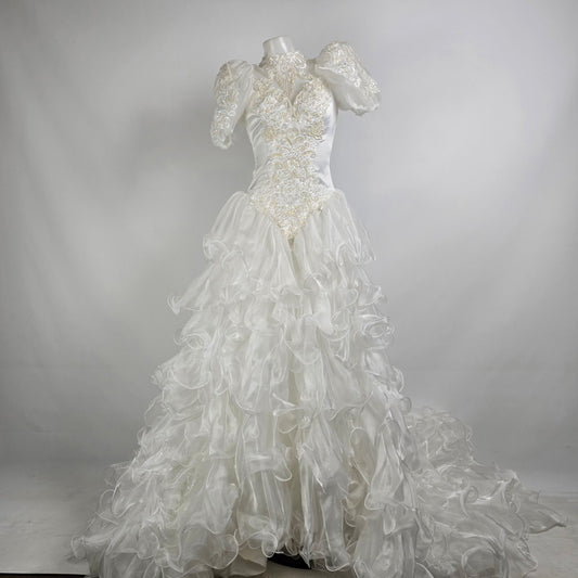 Vintage 80s White Lace Ruffle Skirt Beaded Wedding Gown Size XS