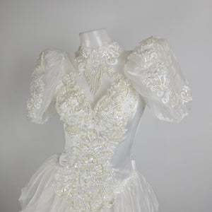 Vintage 80s White Lace Ruffle Skirt Beaded Wedding Gown Size XS