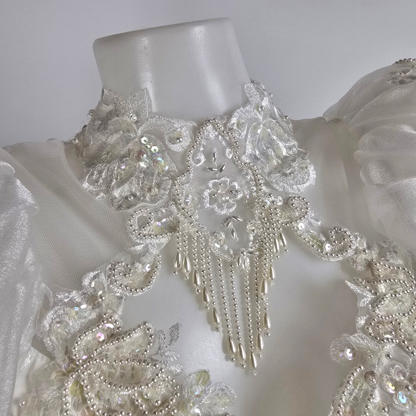 Vintage 80s White Lace Ruffle Skirt Beaded Wedding Gown Size XS