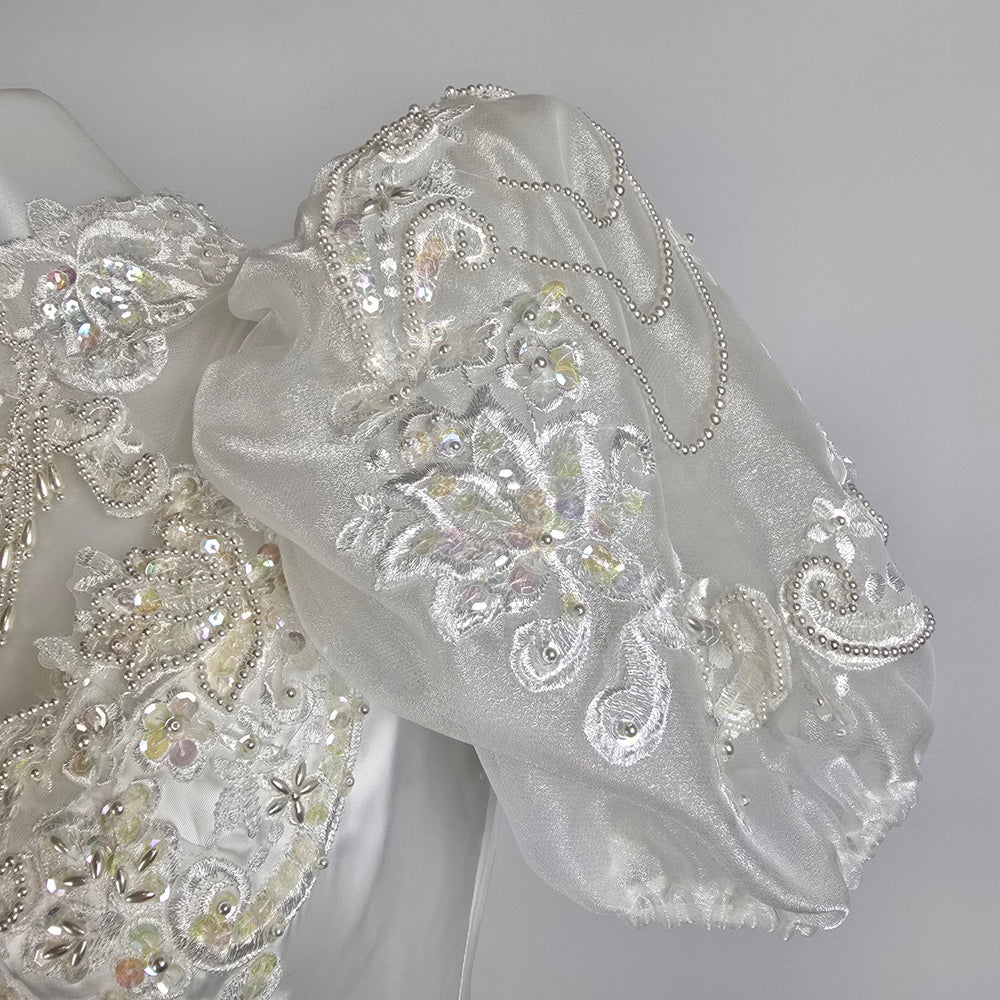 Vintage 80s White Lace Ruffle Skirt Beaded Wedding Gown Size XS