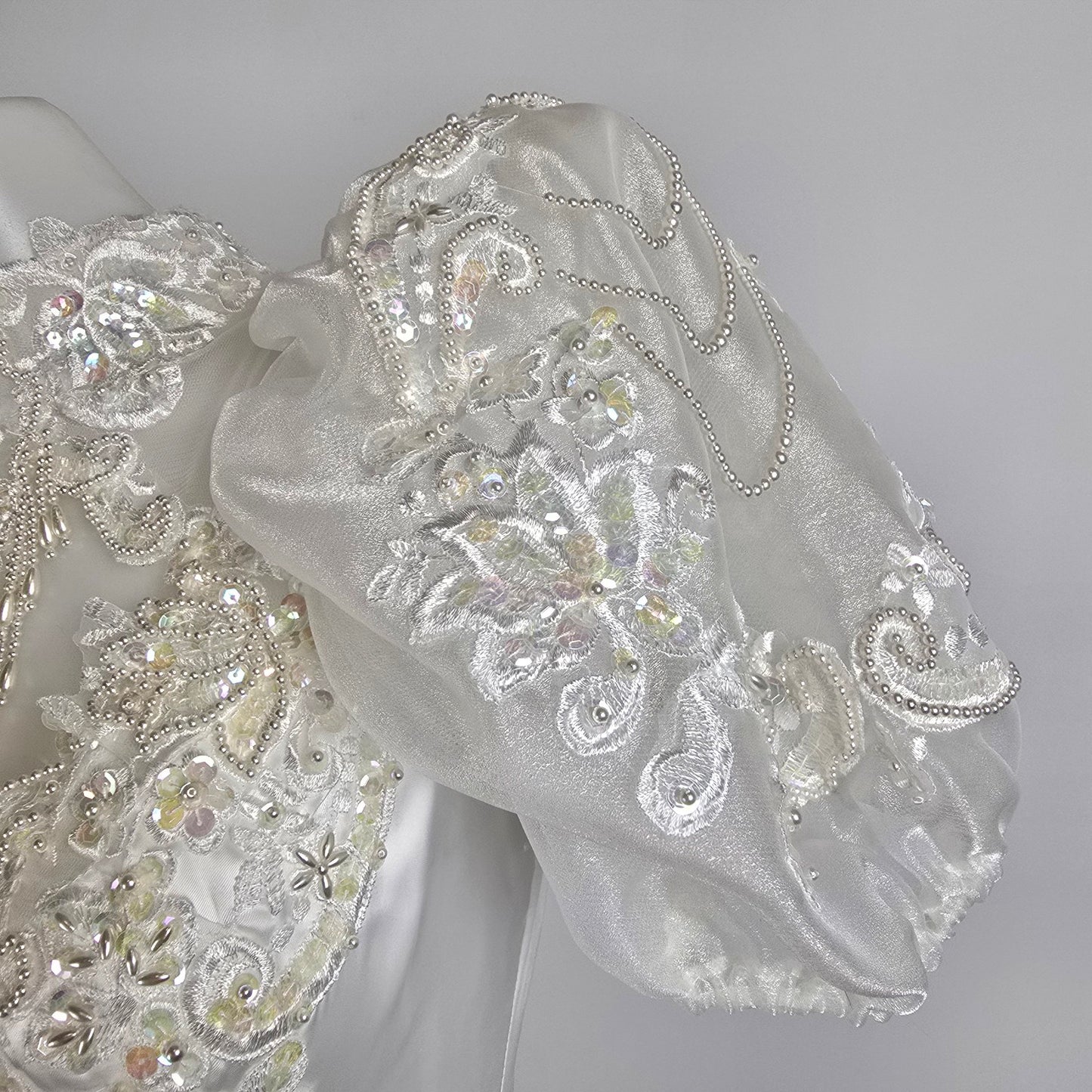 Vintage 80s White Lace Ruffle Skirt Beaded Wedding Gown Size XS