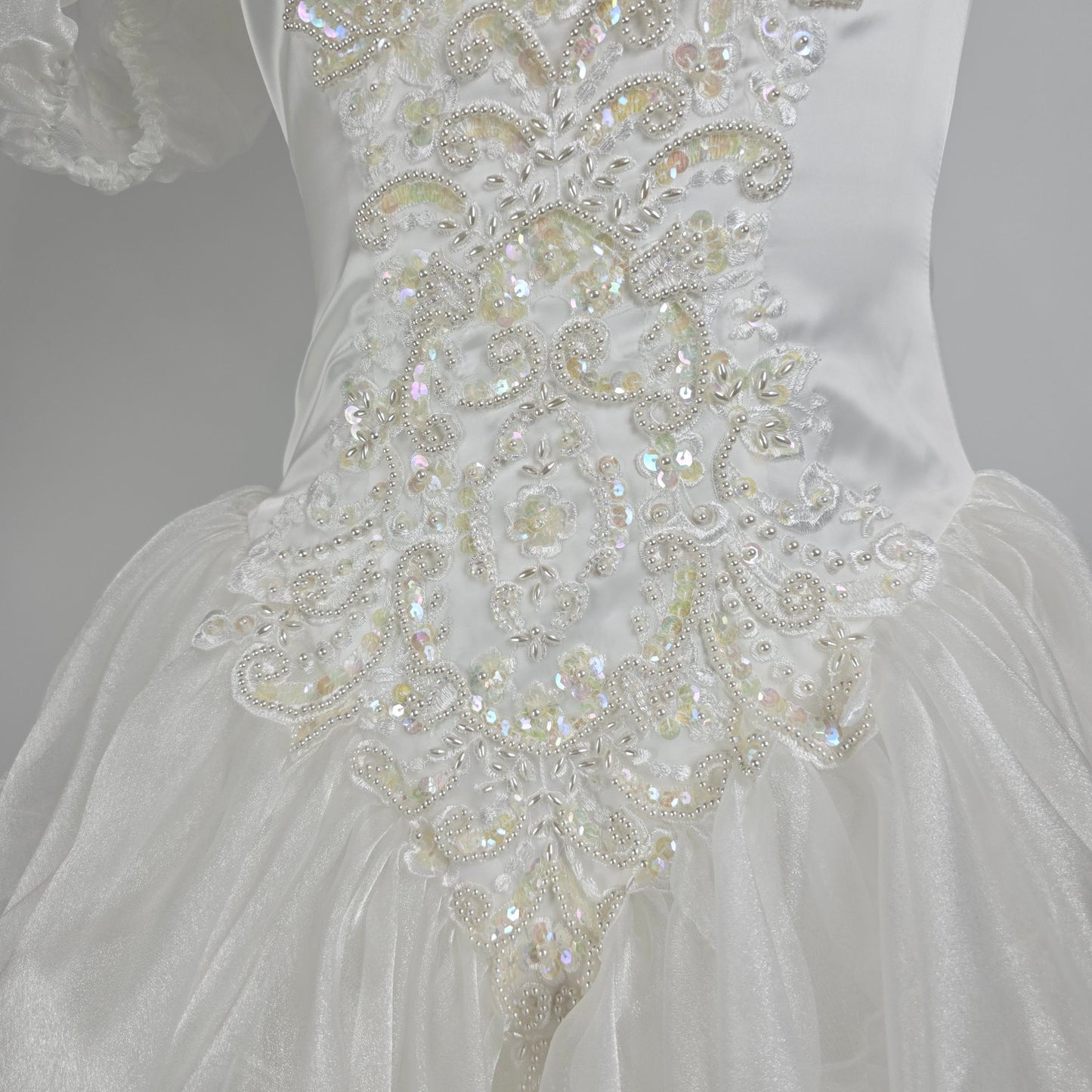 Vintage 80s White Lace Ruffle Skirt Beaded Wedding Gown Size XS
