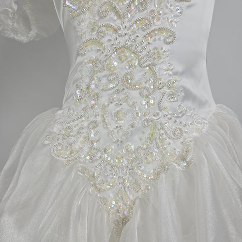 Vintage 80s White Lace Ruffle Skirt Beaded Wedding Gown Size XS