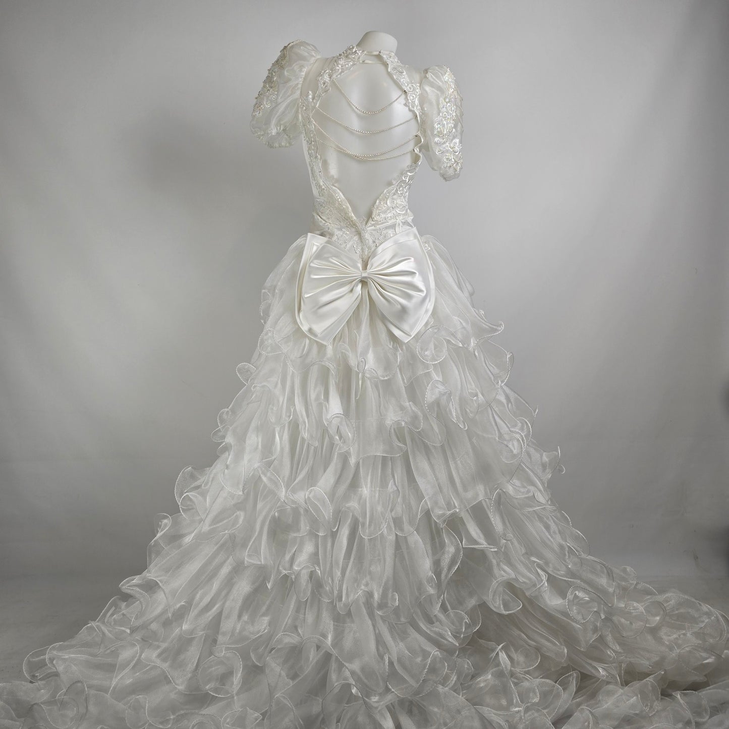 Vintage 80s White Lace Ruffle Skirt Beaded Wedding Gown Size XS