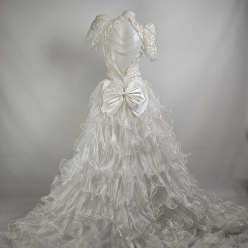 Vintage 80s White Lace Ruffle Skirt Beaded Wedding Gown Size XS