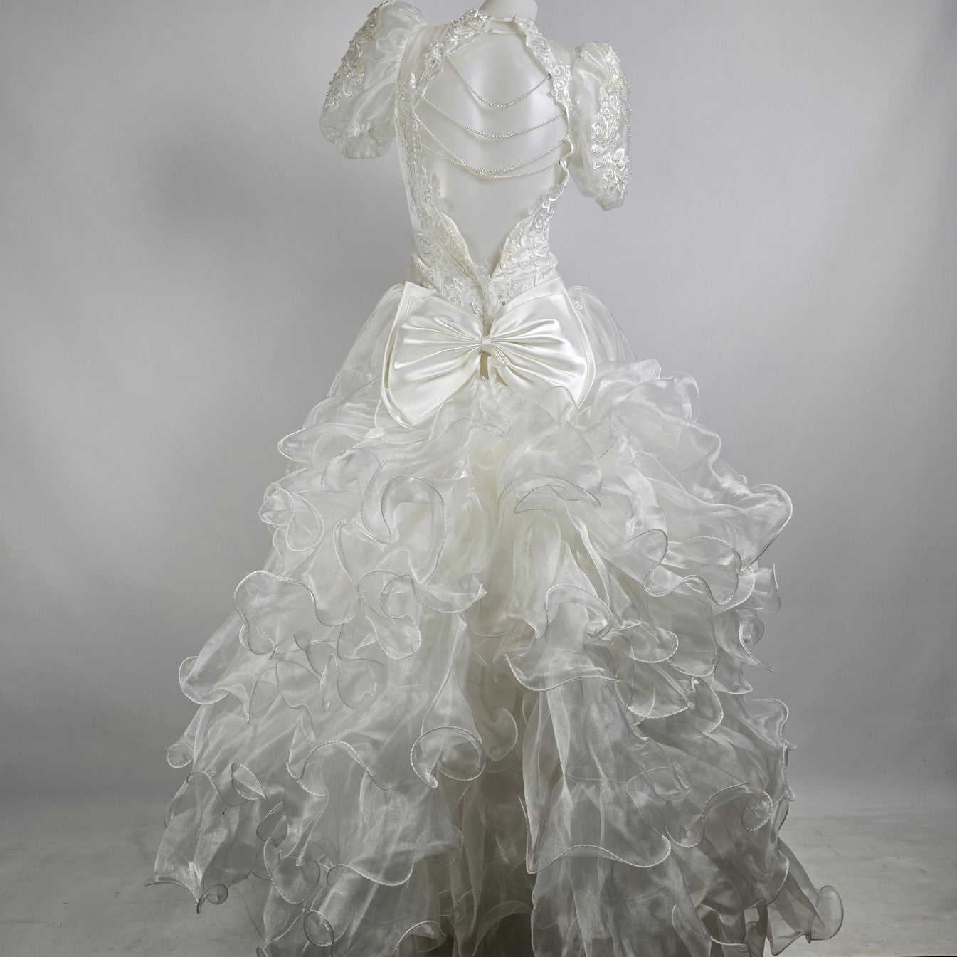 Vintage 80s White Lace Ruffle Skirt Beaded Wedding Gown Size XS