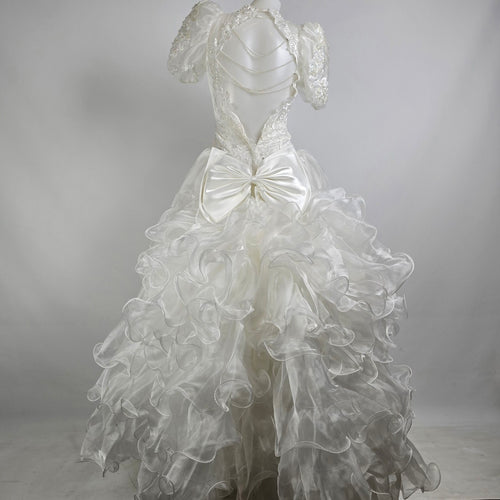 Vintage 80s White Lace Ruffle Skirt Beaded Wedding Gown Size XS