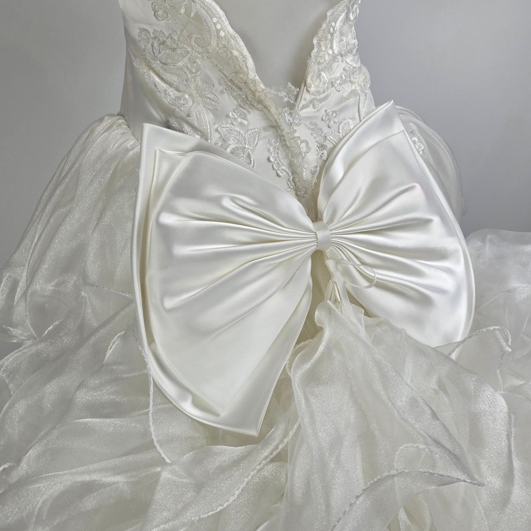 Vintage 80s White Lace Ruffle Skirt Beaded Wedding Gown Size XS