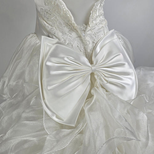 Vintage 80s White Lace Ruffle Skirt Beaded Wedding Gown Size XS