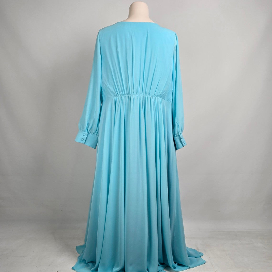 Gather & Gown Blue Long Flowey Sleeve Wrap Gown Size 28 Style Faith