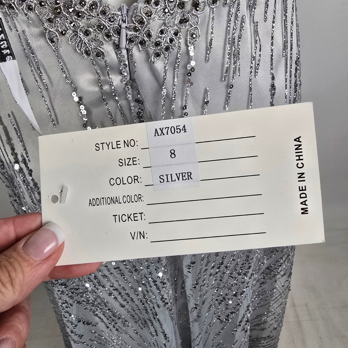 Azure Silver Beaded Sequined Long Eventwear Gown Size 8 Style AX7054