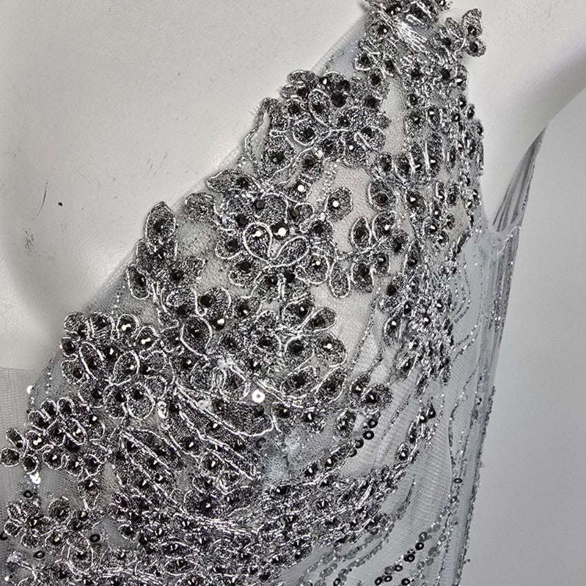Azure Silver Beaded Sequined Long Eventwear Gown Size 8 Style AX7054