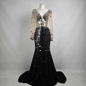 Mori Lee Black & Silver Long Sleeve Mettallic Gown Size 8 Style 46040