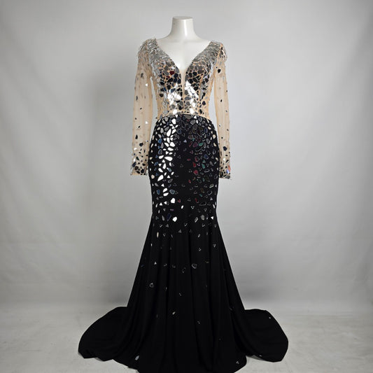 Mori Lee Black & Silver Long Sleeve Mettallic Gown Size 8 Style 46040