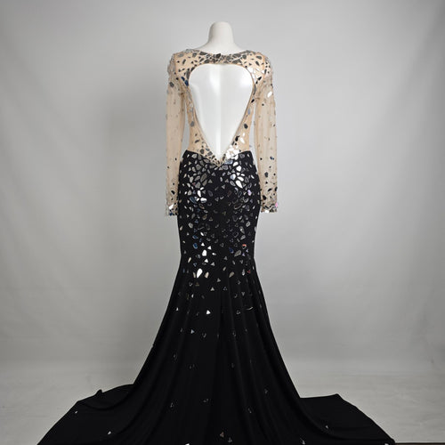 Mori Lee Black & Silver Long Sleeve Mettallic Gown Size 8 Style 46040