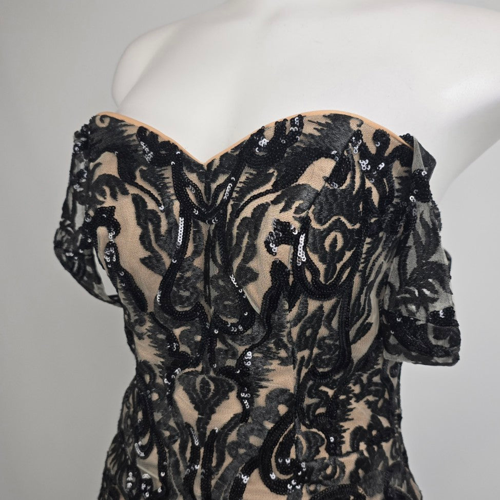 Azure Nude & Black Embroidered Lace Drop Sleeve Gown Size 8