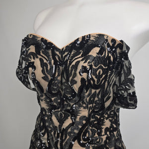 Azure Nude & Black Embroidered Lace Drop Sleeve Gown Size 8