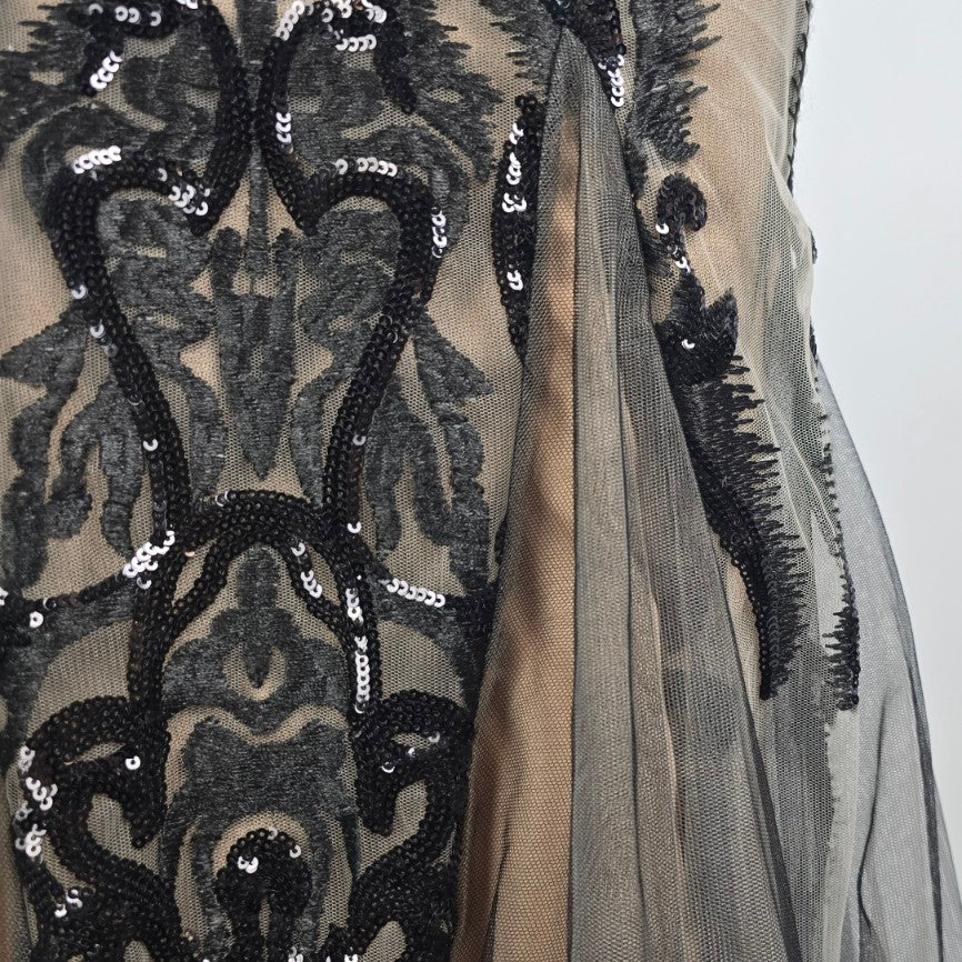 Azure Nude & Black Embroidered Lace Drop Sleeve Gown Size 8