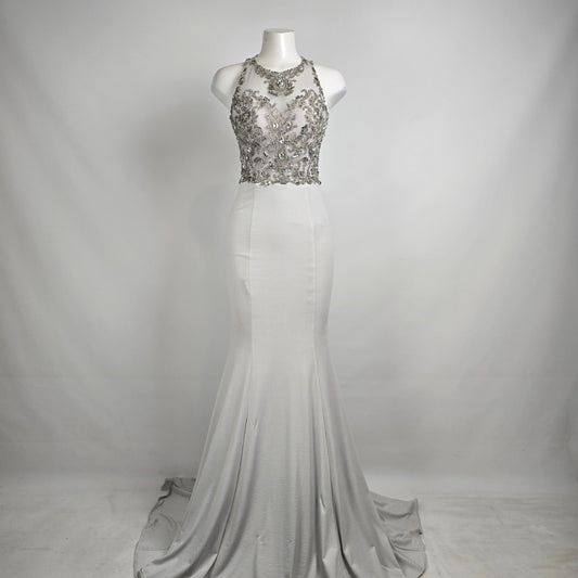 Angela & Alison Silver Crystal Bodice Long Eventwear Gown Size 4