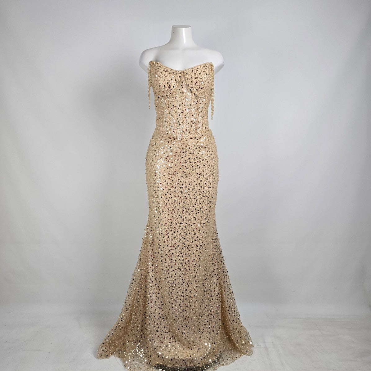 Morilee Gold & Pearl Drop Beaded Sleeve Gown Size 10 Style 49146