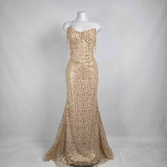 Morilee Gold & Pearl Drop Beaded Sleeve Gown Size 10 Style 49146