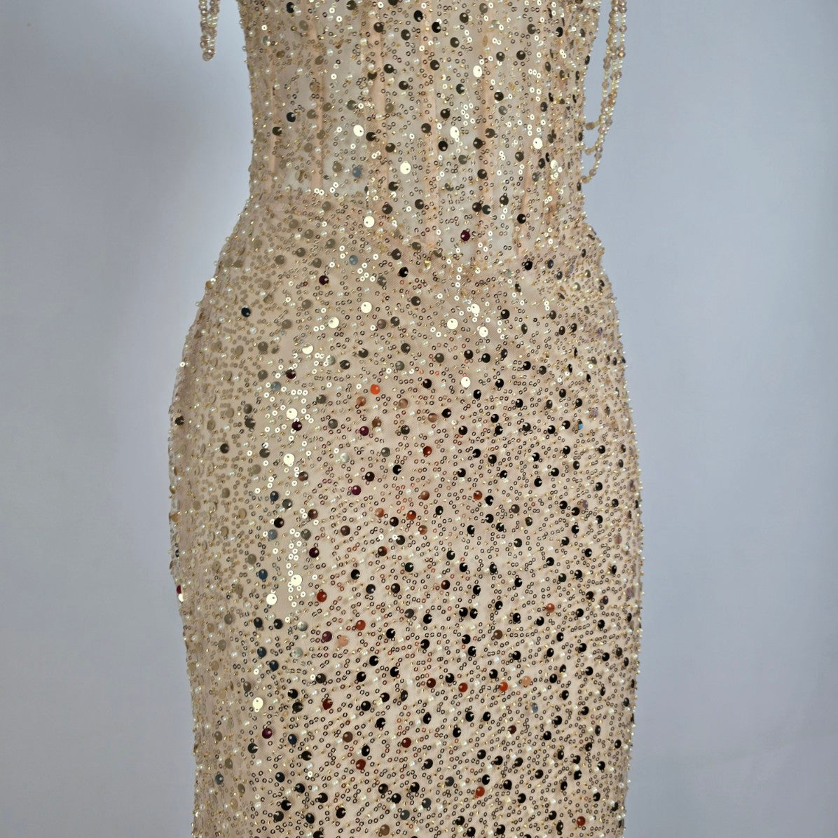 Morilee Gold & Pearl Drop Beaded Sleeve Gown Size 10 Style 49146