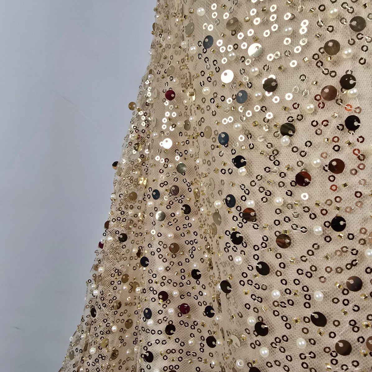 Morilee Gold & Pearl Drop Beaded Sleeve Gown Size 10 Style 49146