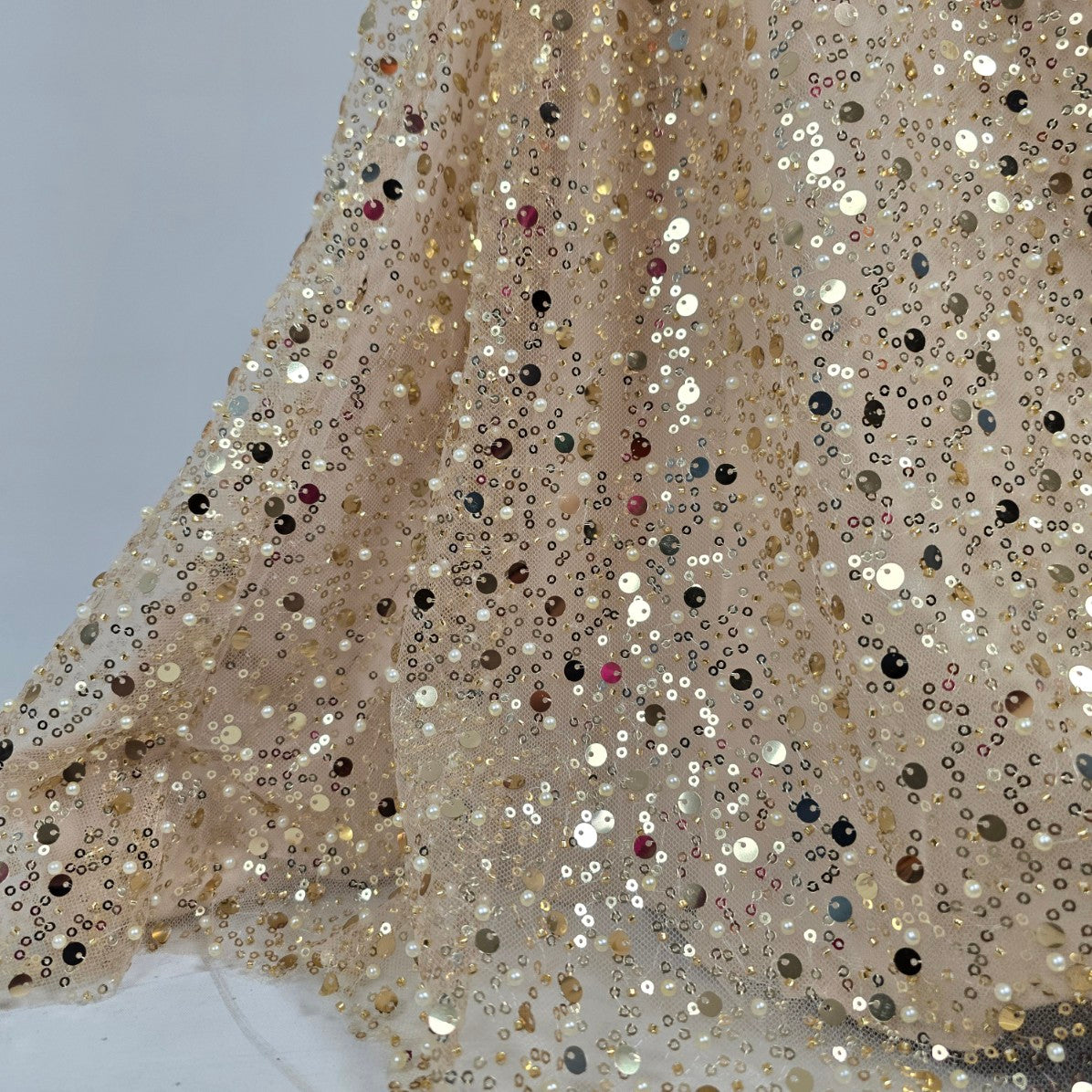 Morilee Gold & Pearl Drop Beaded Sleeve Gown Size 10 Style 49146