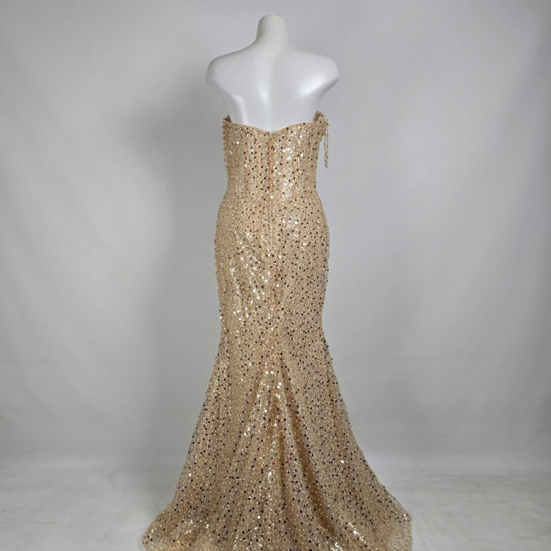 Morilee Gold & Pearl Drop Beaded Sleeve Gown Size 10 Style 49146