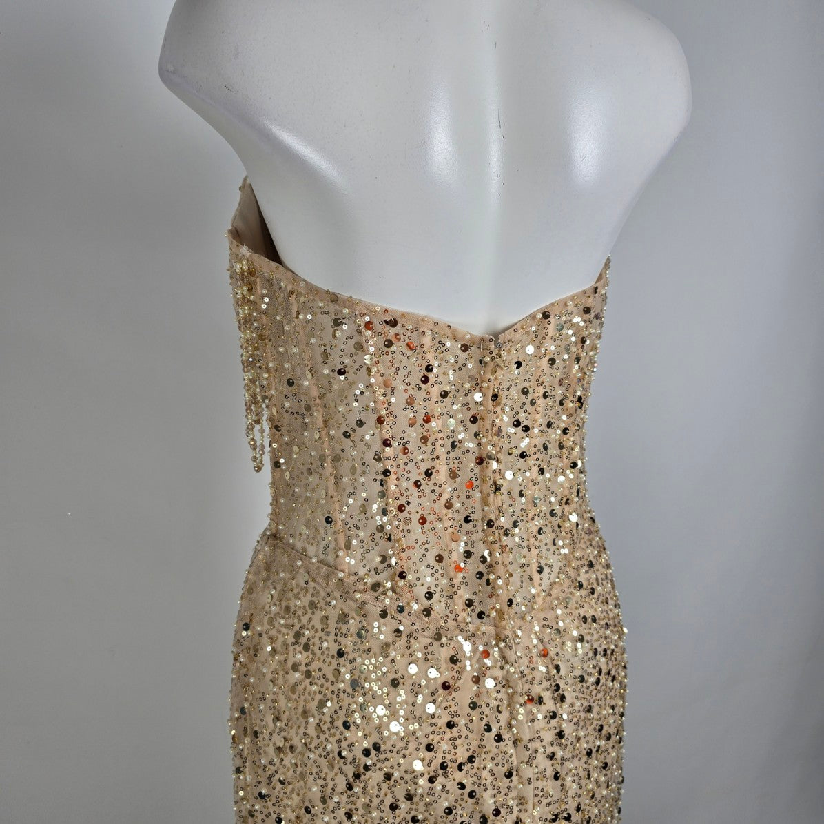Morilee Gold & Pearl Drop Beaded Sleeve Gown Size 10 Style 49146