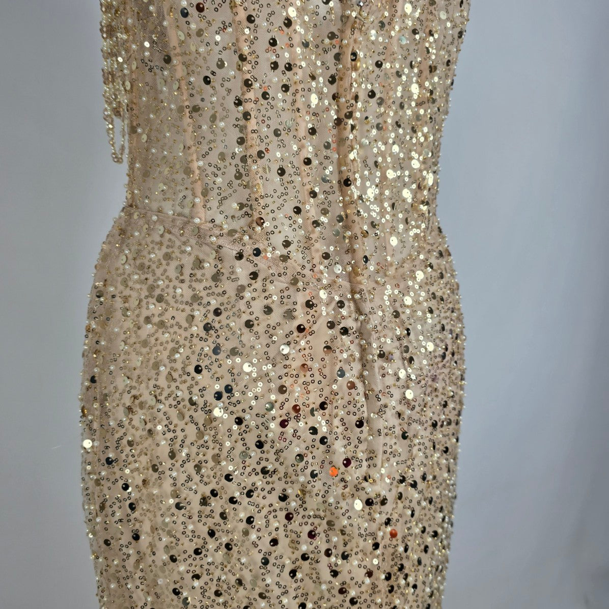 Morilee Gold & Pearl Drop Beaded Sleeve Gown Size 10 Style 49146