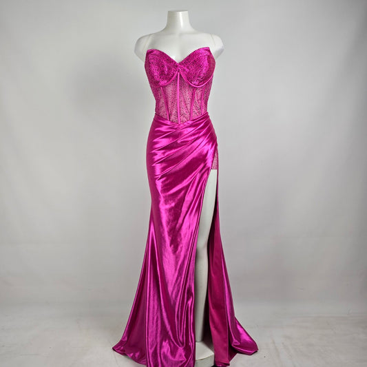 Mori Lee Pink Lace Bodice High Slit Gown Size 14