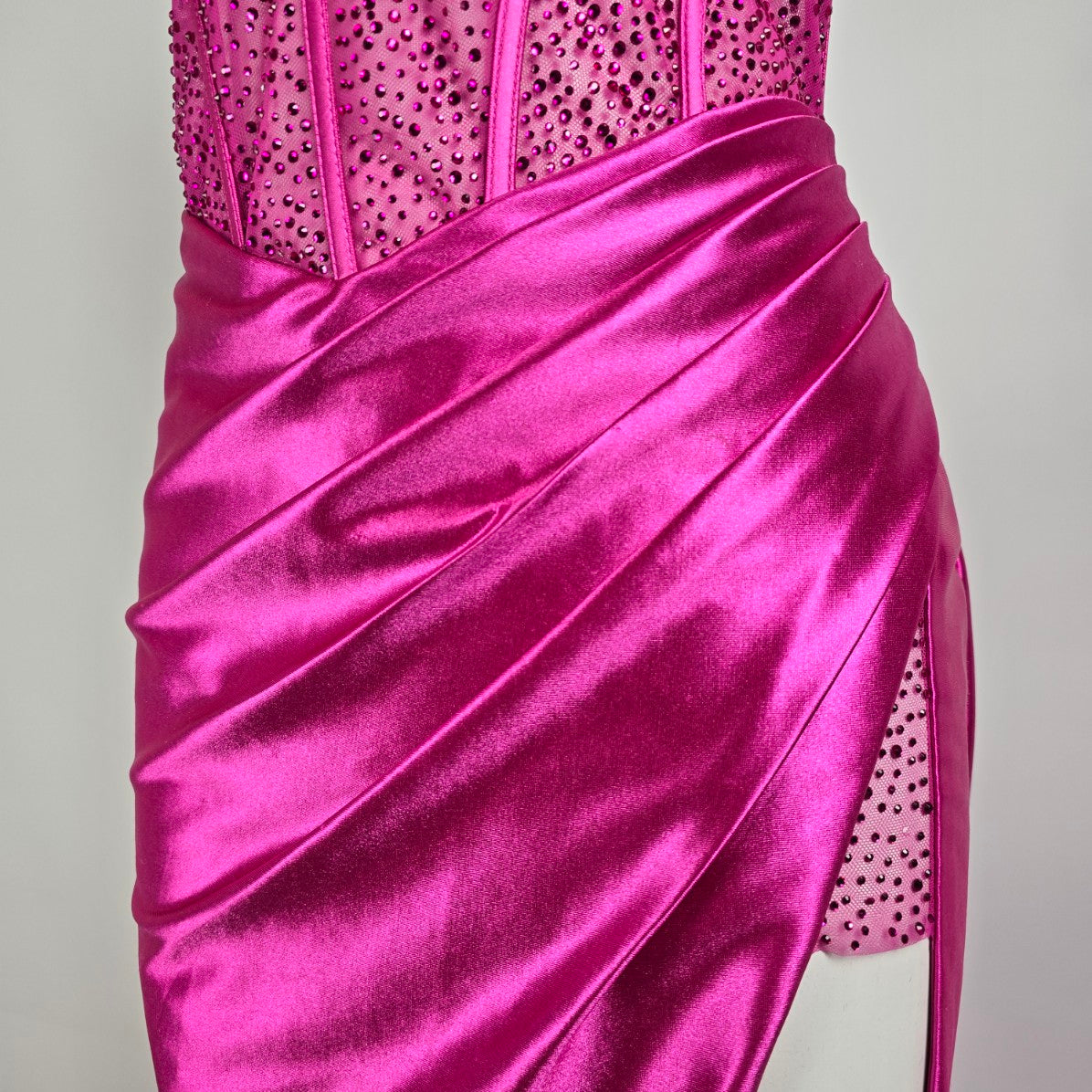 Mori Lee Pink Lace Bodice High Slit Gown Size 14